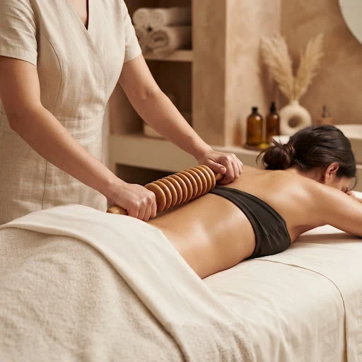 Body massage with a wooden roller in a warm, peaceful setting